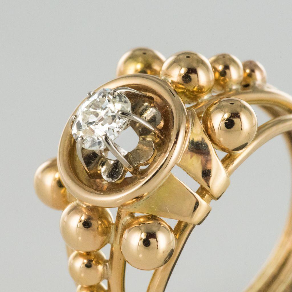 French 1960s Diamond 18 Karat Yellow Gold Retro Ring In Excellent Condition In Poitiers, FR