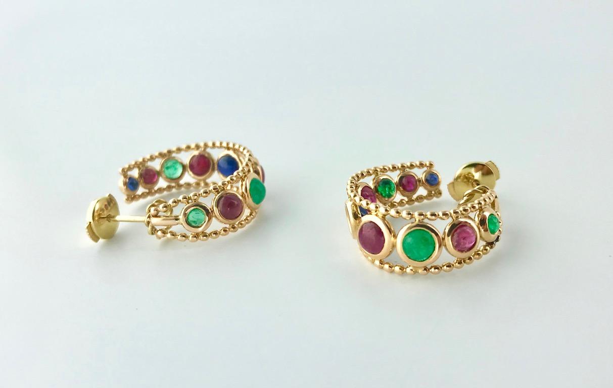 Women's or Men's 1960s French Emerald Ruby Sapphire Yellow Gold Earrings