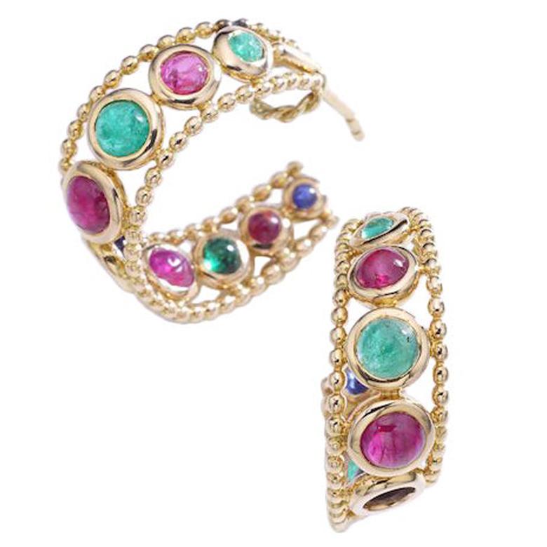 1960s French Emerald Ruby Sapphire Yellow Gold Earrings