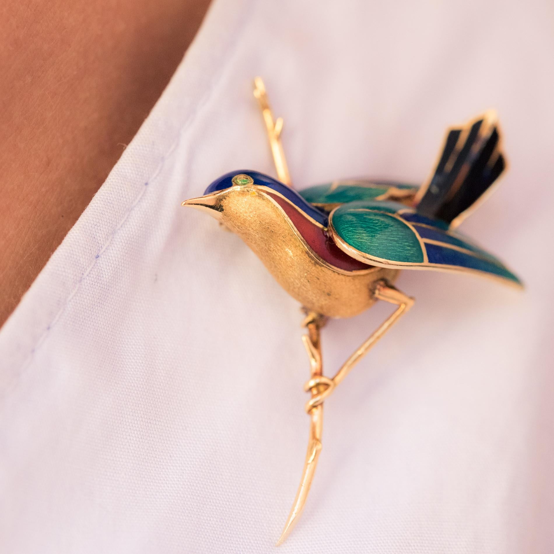 1960s French Enamelled Bird on its Branch 18 Karat Yellow Gold Brooch 5