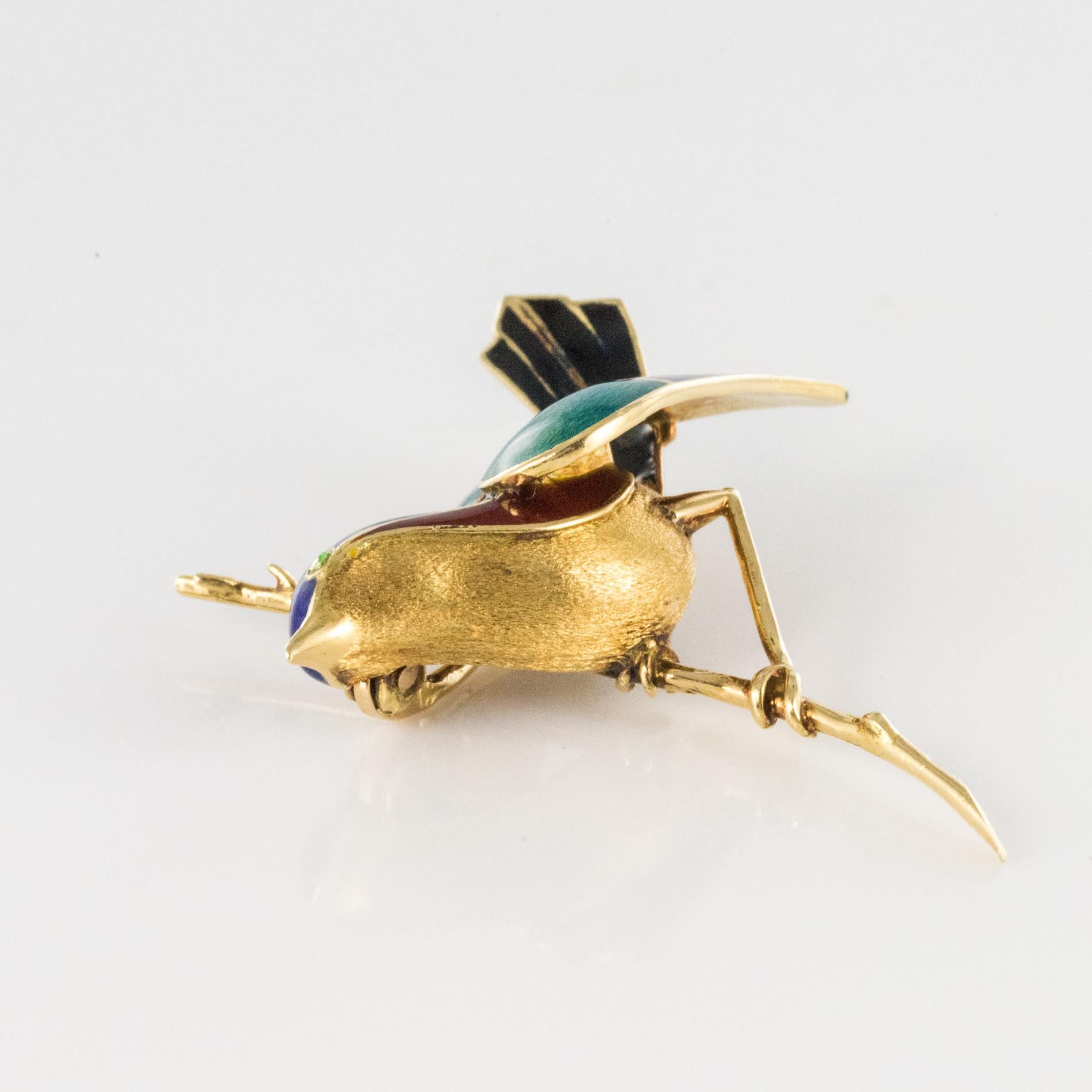 1960s French Enamelled Bird on its Branch 18 Karat Yellow Gold Brooch 6