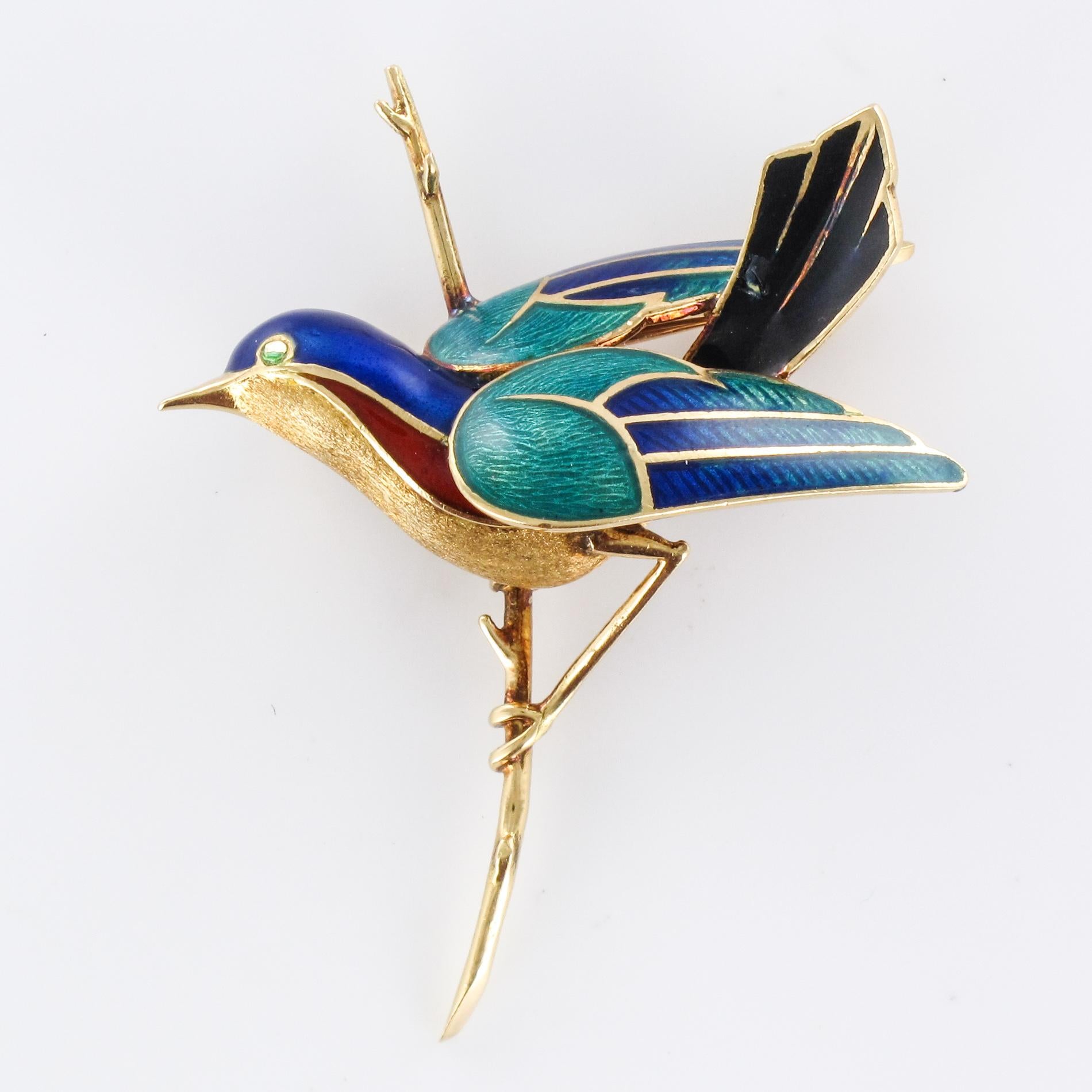 1960s French Enamelled Bird on its Branch 18 Karat Yellow Gold Brooch 8