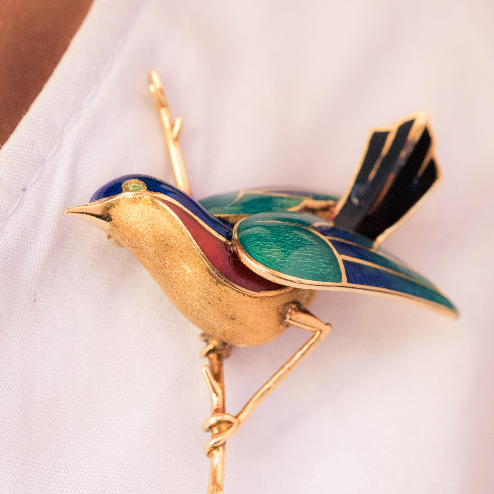 Women's 1960s French Enamelled Bird on its Branch 18 Karat Yellow Gold Brooch