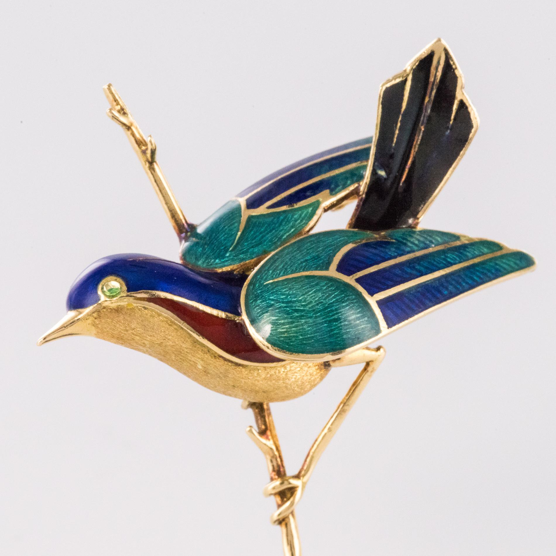 1960s French Enamelled Bird on its Branch 18 Karat Yellow Gold Brooch 1