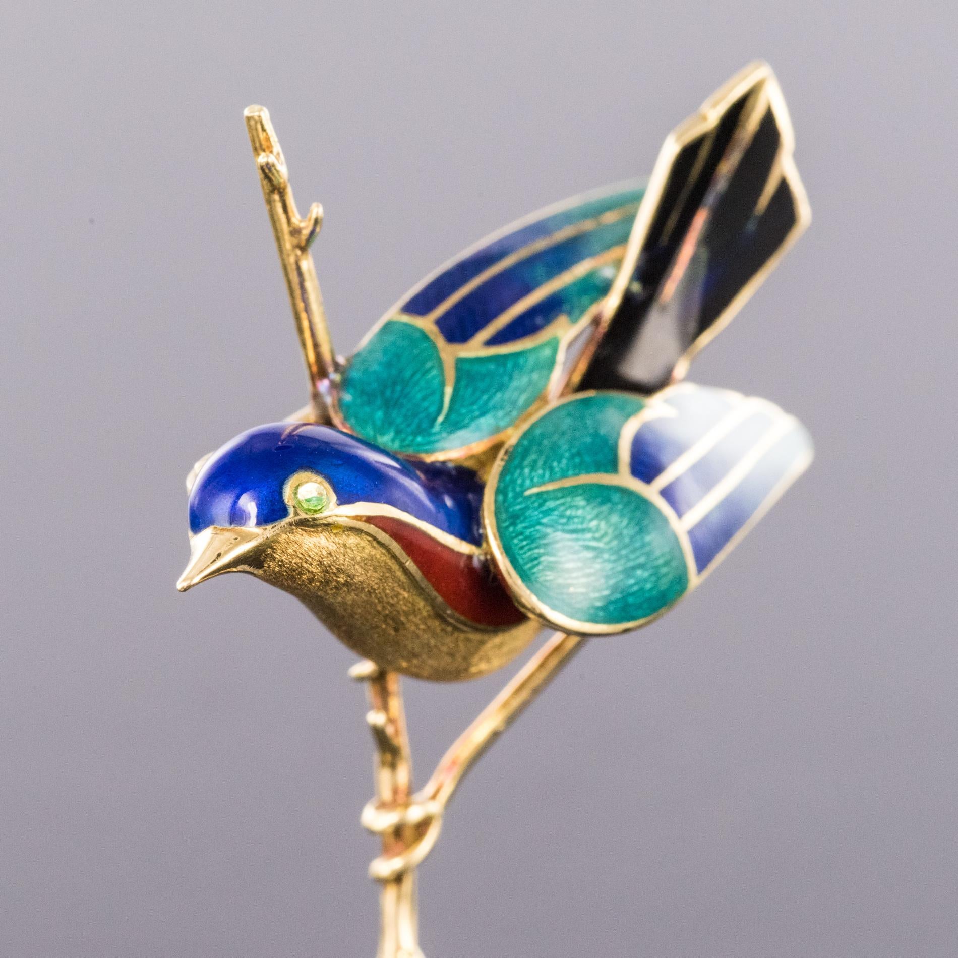 1960s French Enamelled Bird on its Branch 18 Karat Yellow Gold Brooch 2