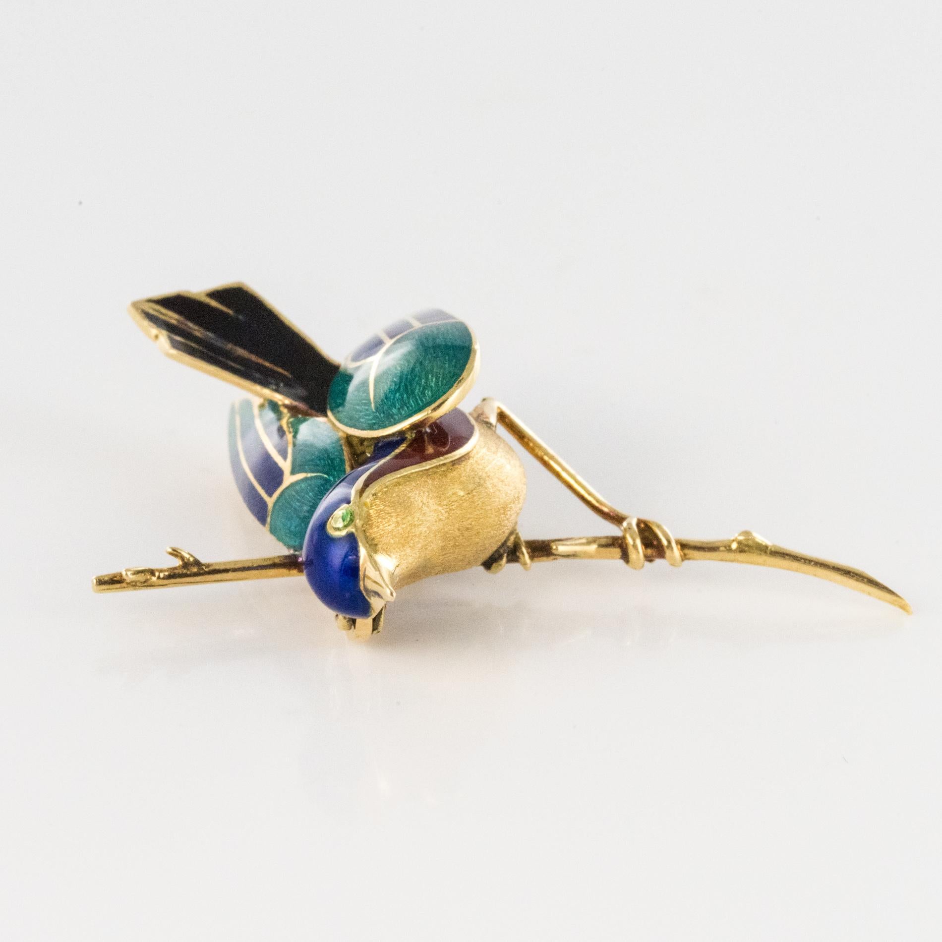 1960s French Enamelled Bird on its Branch 18 Karat Yellow Gold Brooch 4
