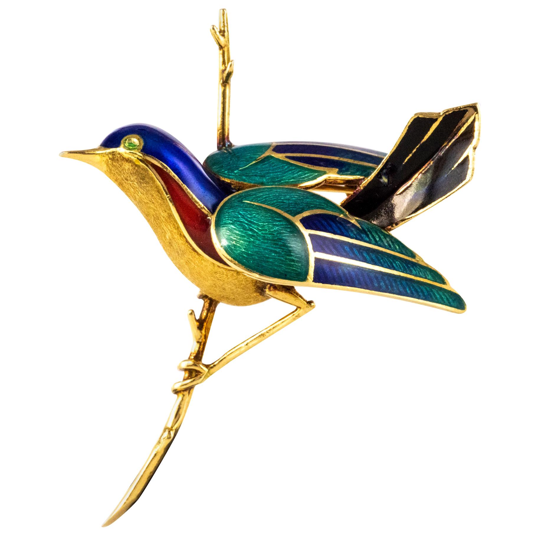 1960s French Enamelled Bird on its Branch 18 Karat Yellow Gold Brooch