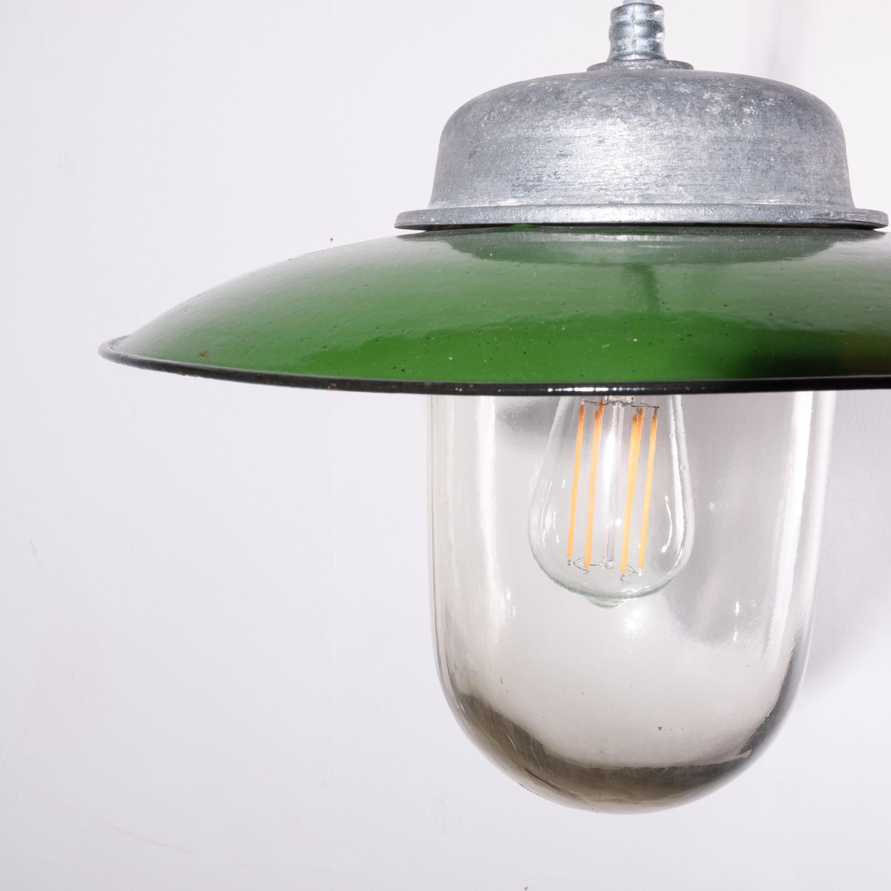 1960s French Enamelled Ceiling Pendant Lamp, Light Shades with Original Glass In Good Condition In Hook, Hampshire