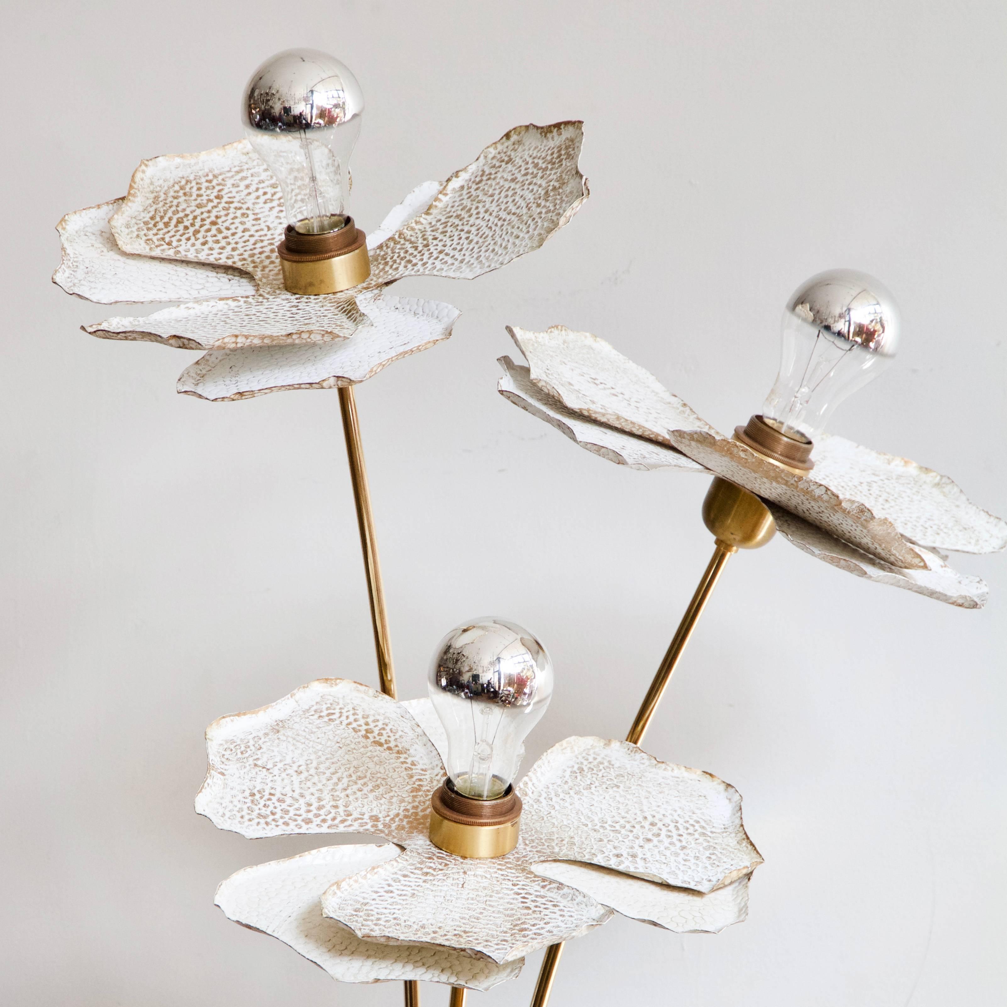 20th Century 1960s French Floral Brass Floor Lamp with Three Textured Painted Brass Flowers
