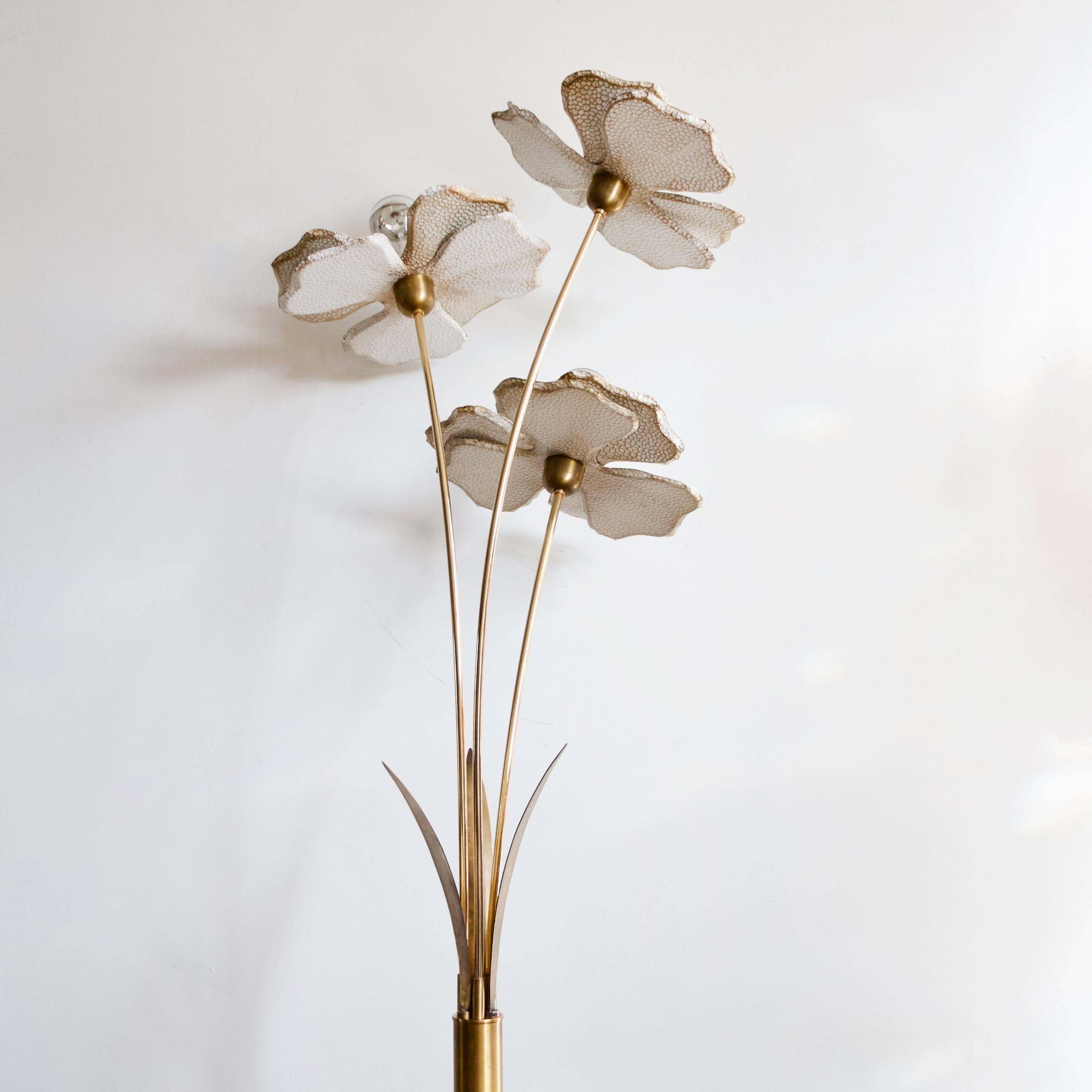 1960s French Floral Brass Floor Lamp with Three Textured Painted Brass Flowers 3