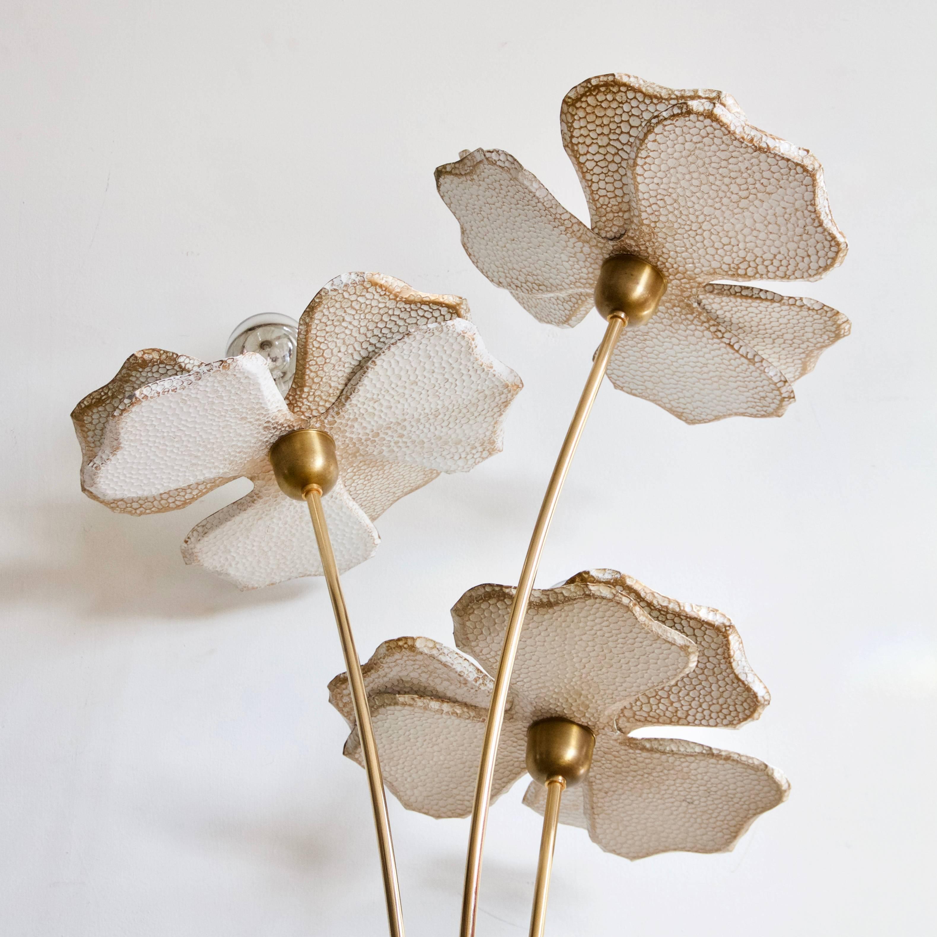 1960s French Floral Brass Floor Lamp with Three Textured Painted Brass Flowers 4