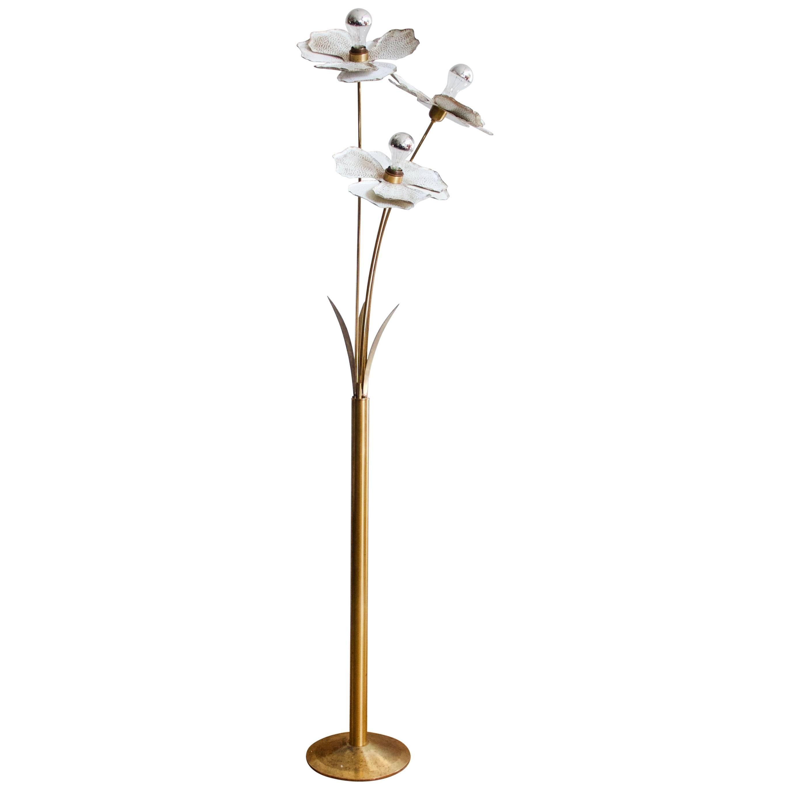 1960s French Floral Brass Floor Lamp with Three Textured Painted Brass Flowers