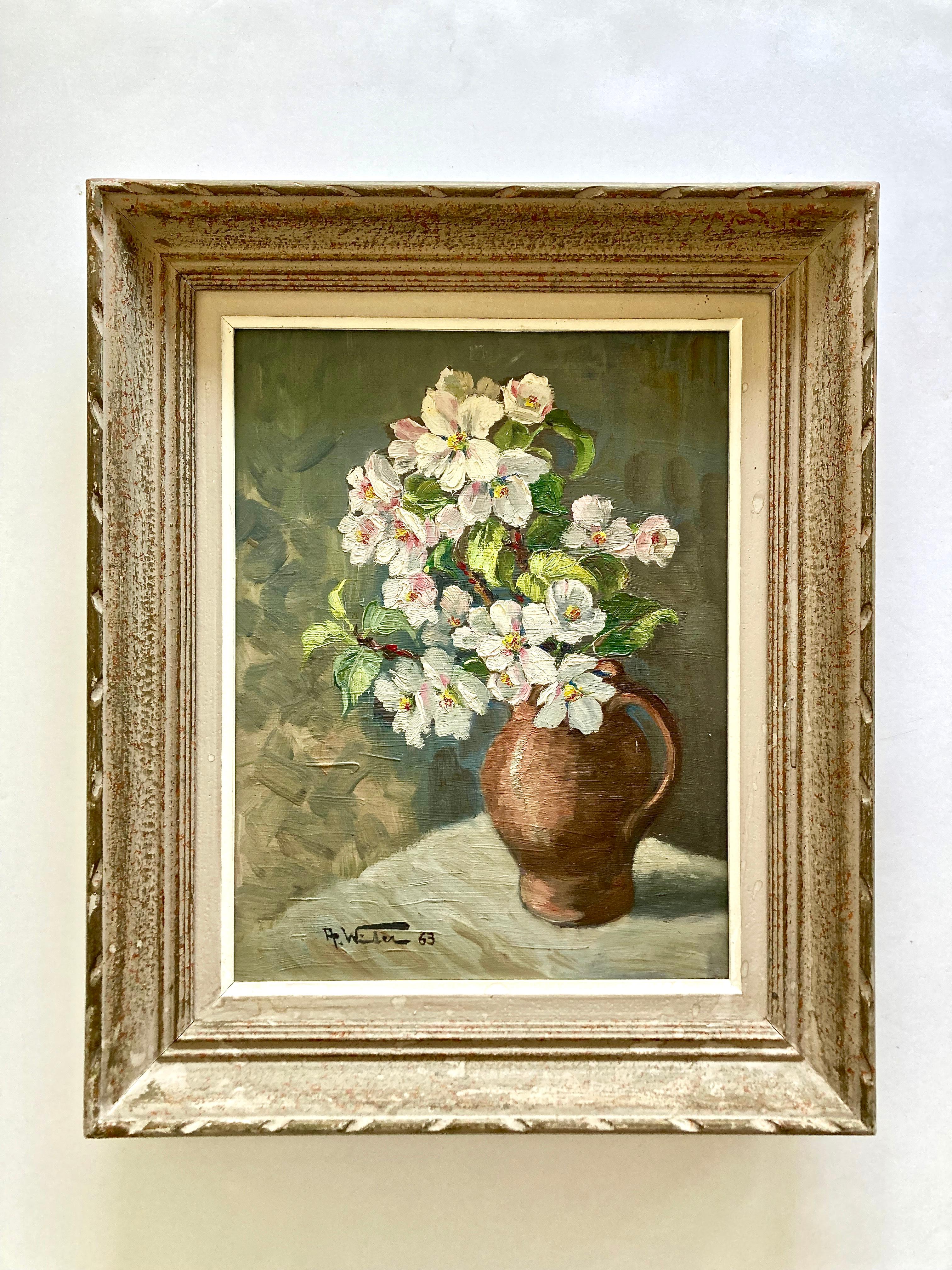 This original, still-life painting in oil on wood-board is painted by the French artist Alfred Winter (1892-1967) . A. Winter lived and worked in the Alsace region in the north-east of France, close to the German and Swiss borders. He is mostly