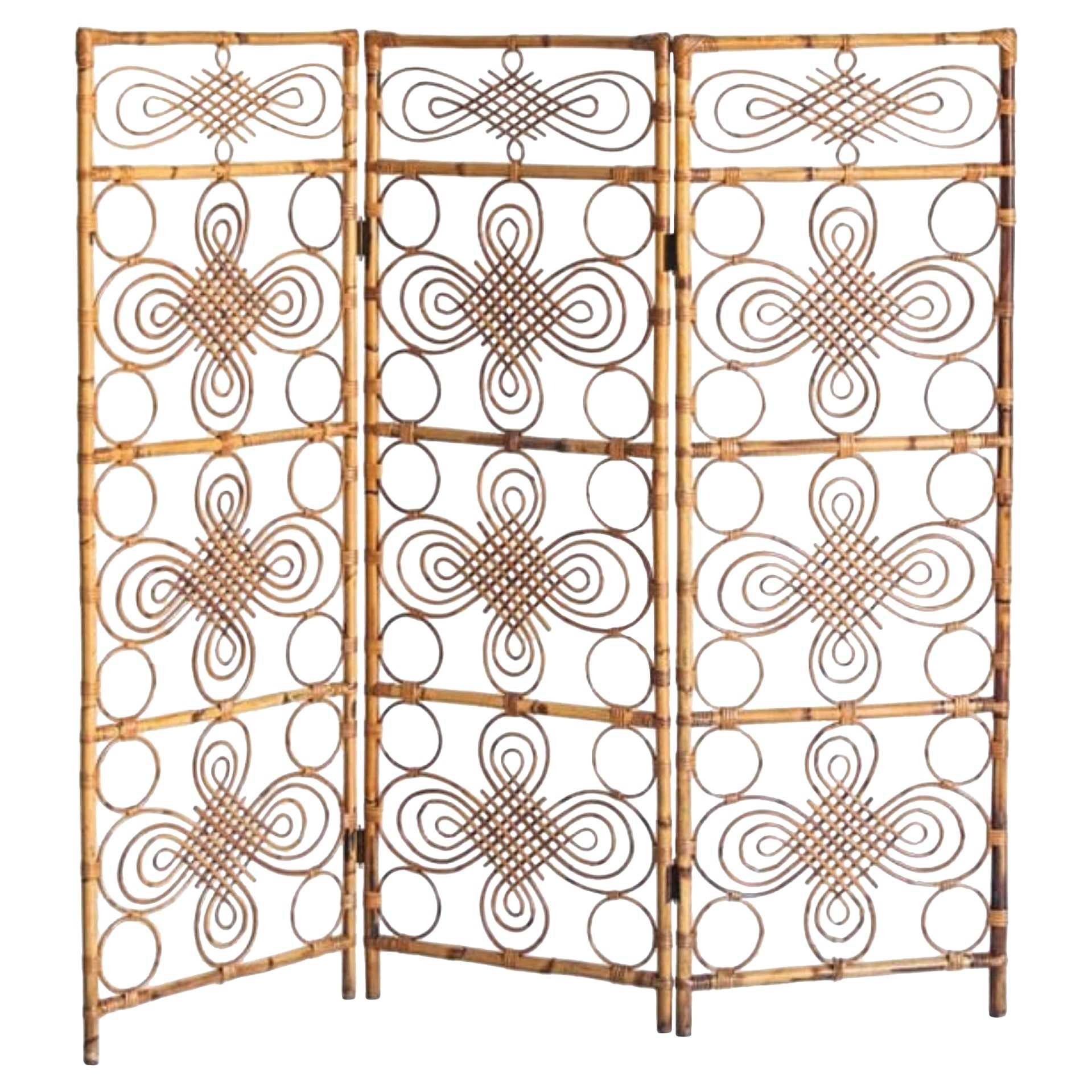 1960er Jahre Französisch Drei-Panel Bambus Weide Rattan Folding Bildschirm.