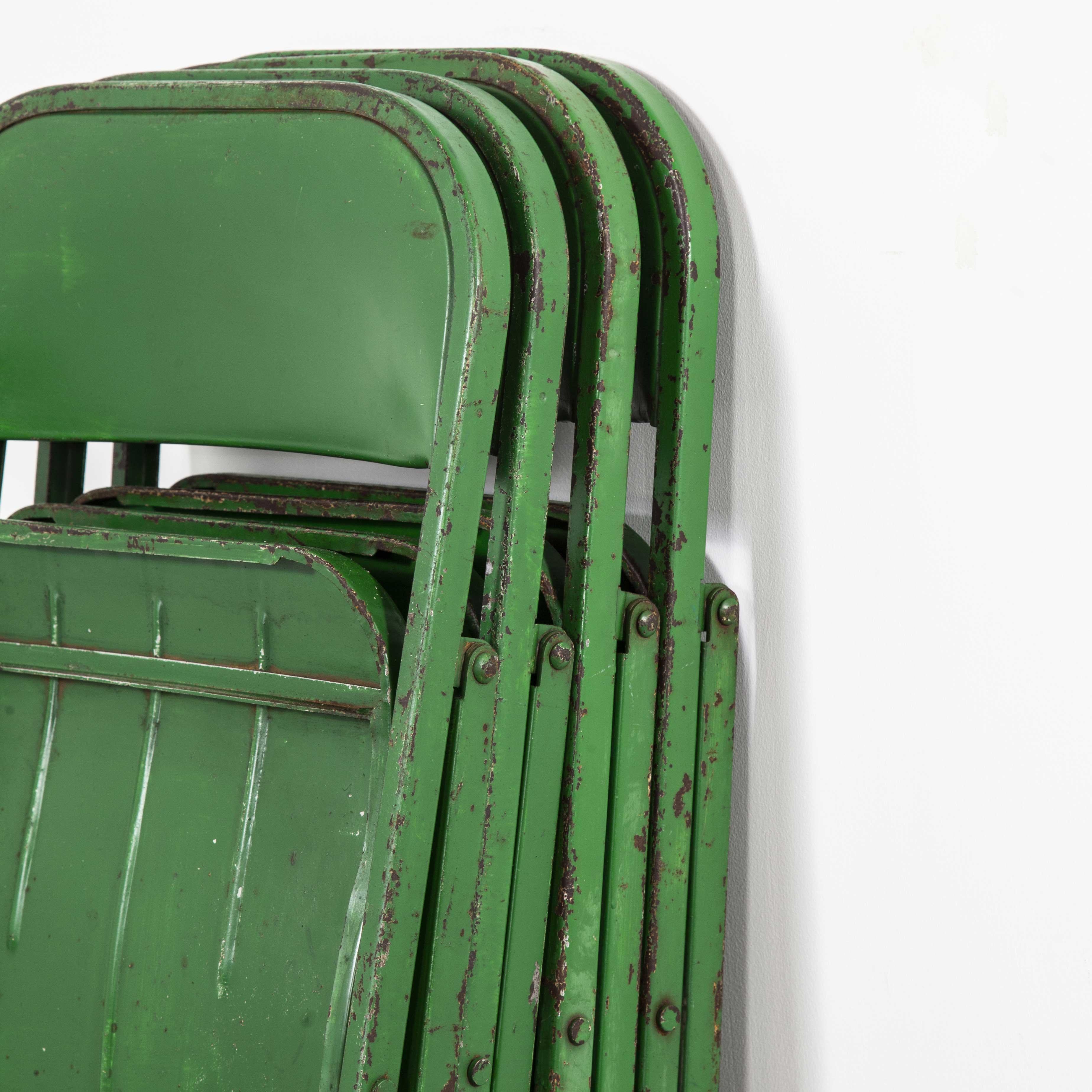 1960s French green metal folding chairs, set of eight

1960s French green metal folding chairs, set of eight. Very good quality French folding chairs from the 1960s, we don’t know the history or the maker but they are heavy and solid with great
