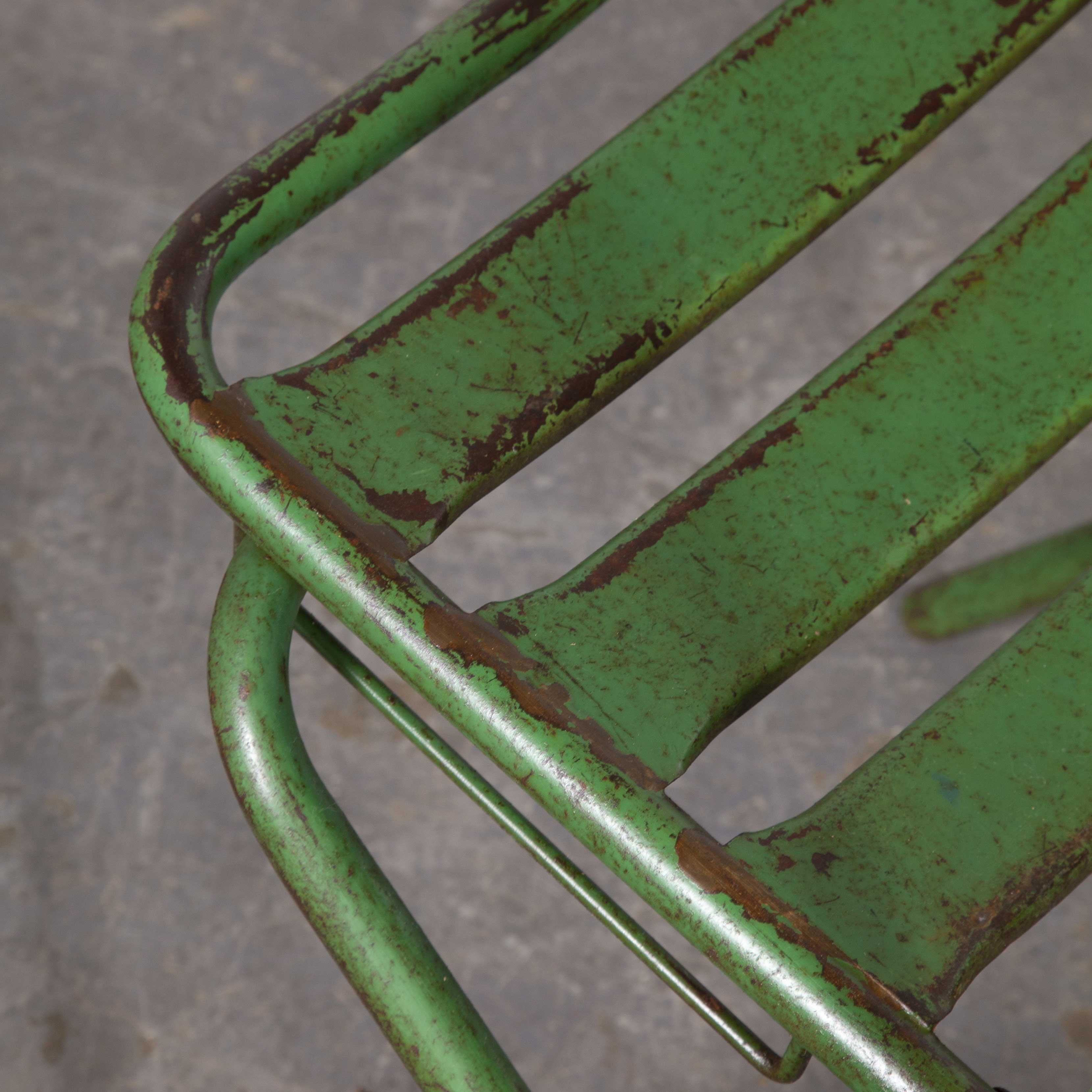 1960s French green metal folding chairs, set of eight

1960s French green slatted metal folding chairs, set of eight. Very good quality French folding chairs from the 1960s, we don’t know the history or the maker but they are heavy and solid with