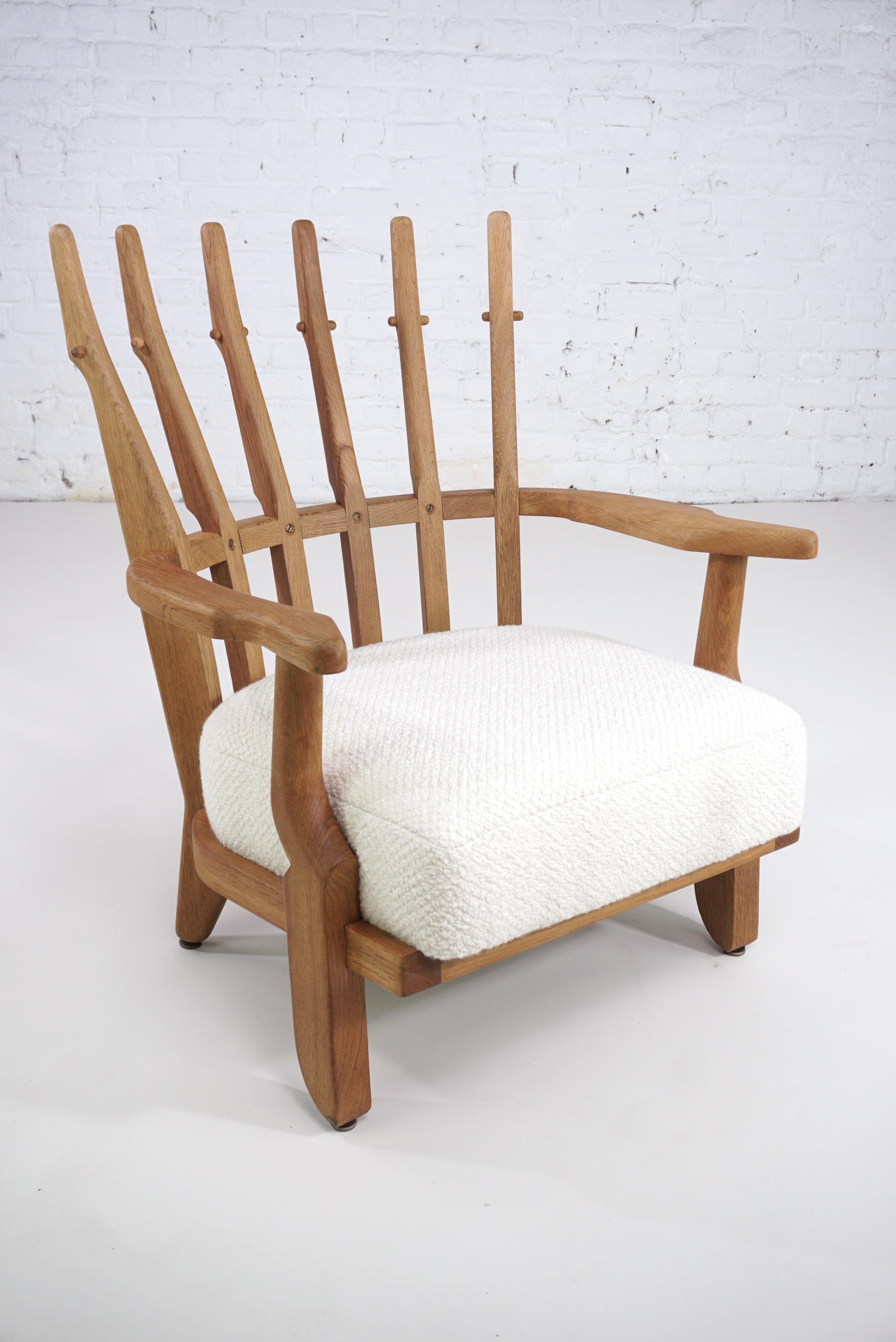 1960s French Guillerme & Chambron Design Oak and Bouclé Fabric Armchair 1