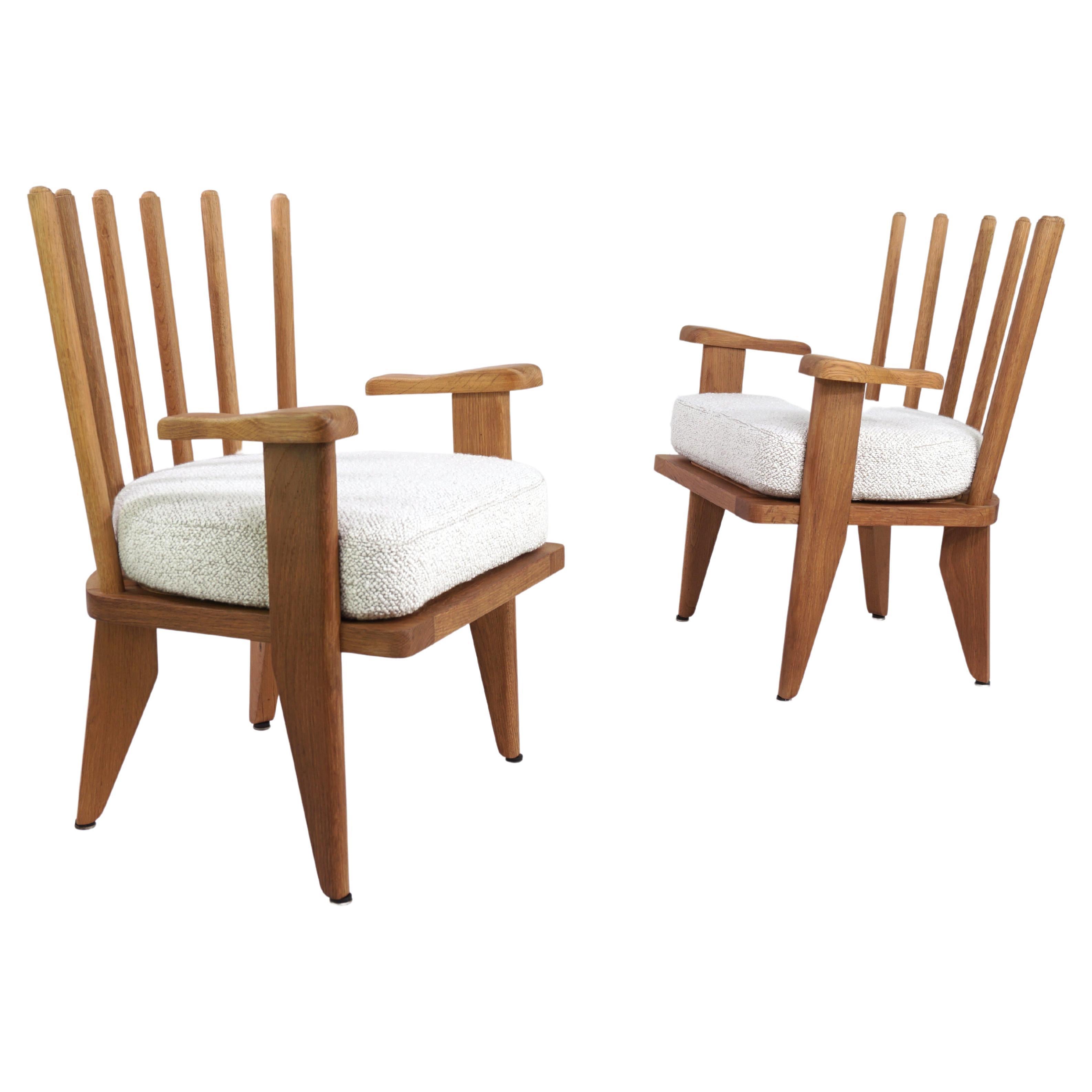 1960s French Guillerme & Chambron Design Oak and Bouclé Fabric Armchairs For Sale