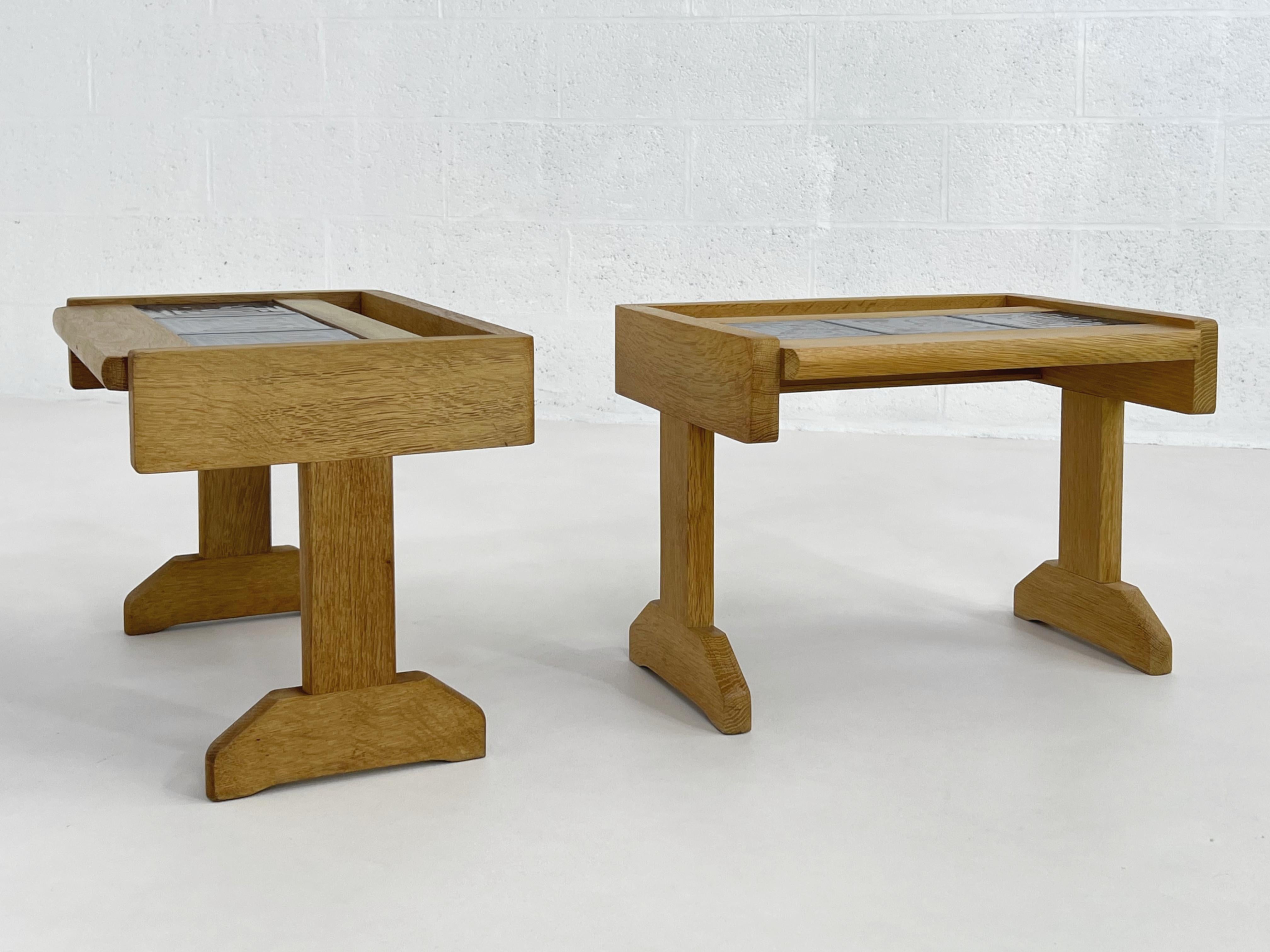 1960s French Guillerme et Chambron Design Oak And Ceramic Pair Of Side Tables For Sale 5