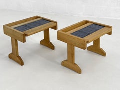 1960s French Guillerme et Chambron Design Oak And Ceramic Pair Of Side Tables
