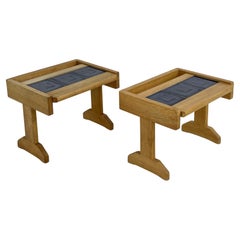 1960s French Guillerme et Chambron Design Oak And Ceramic Pair Of Side Tables