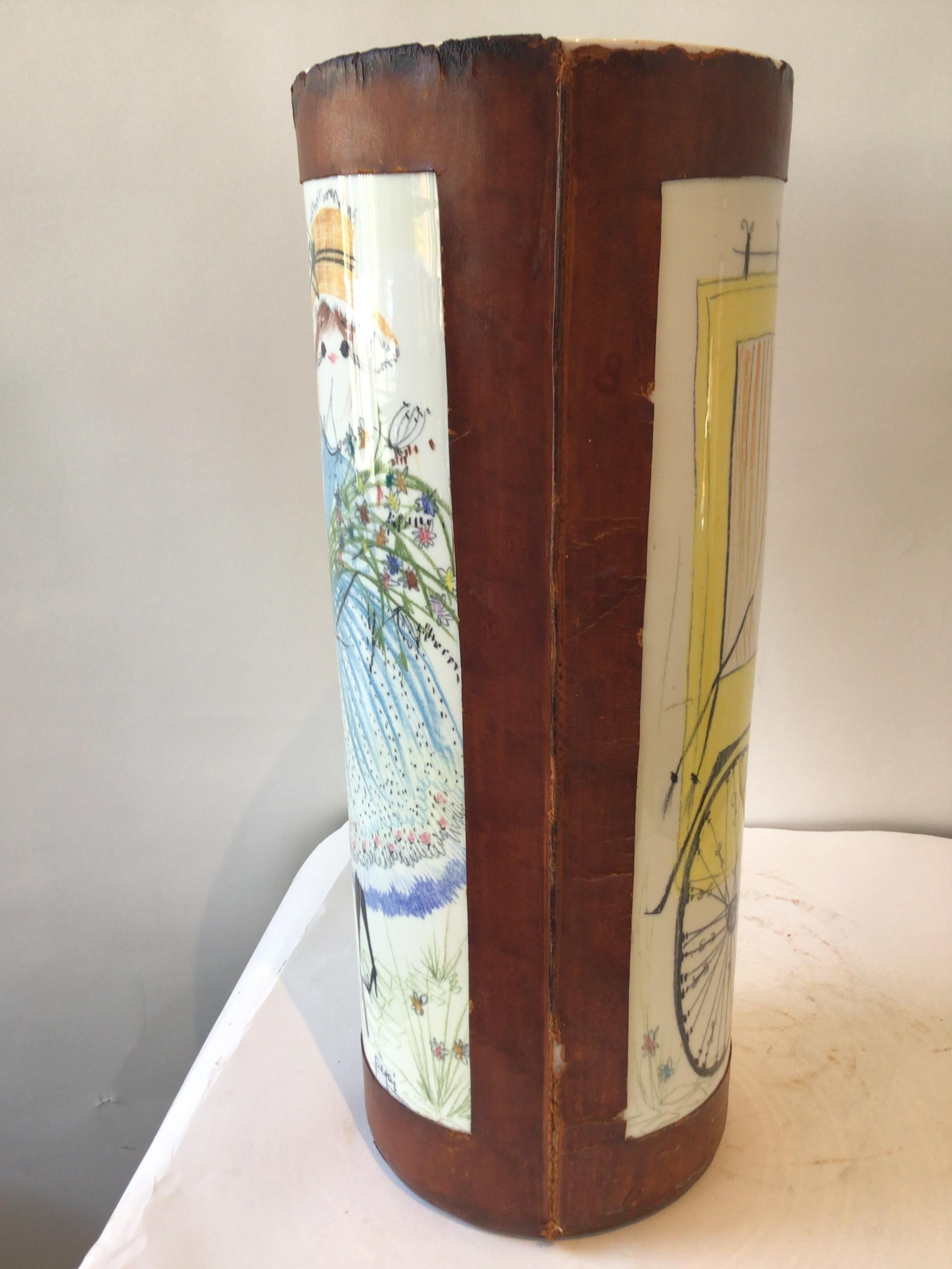 1960s Quadrifoglio Italian Leather / Ceramic Hand Painted Vase /  Umbrella Stand For Sale 5