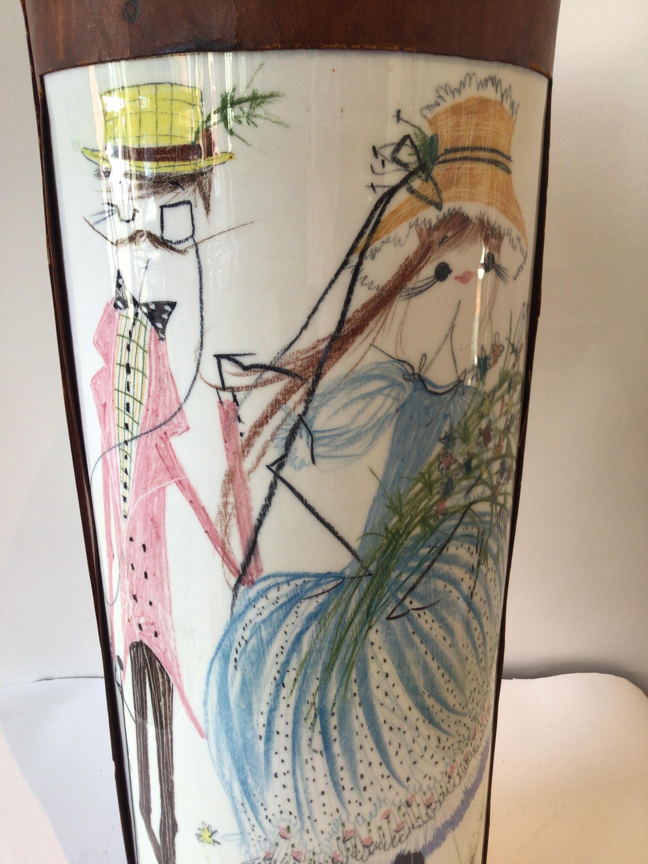 1960s Quadrifoglio Italian Leather / Ceramic Hand Painted Vase /  Umbrella Stand In Good Condition For Sale In Tarrytown, NY