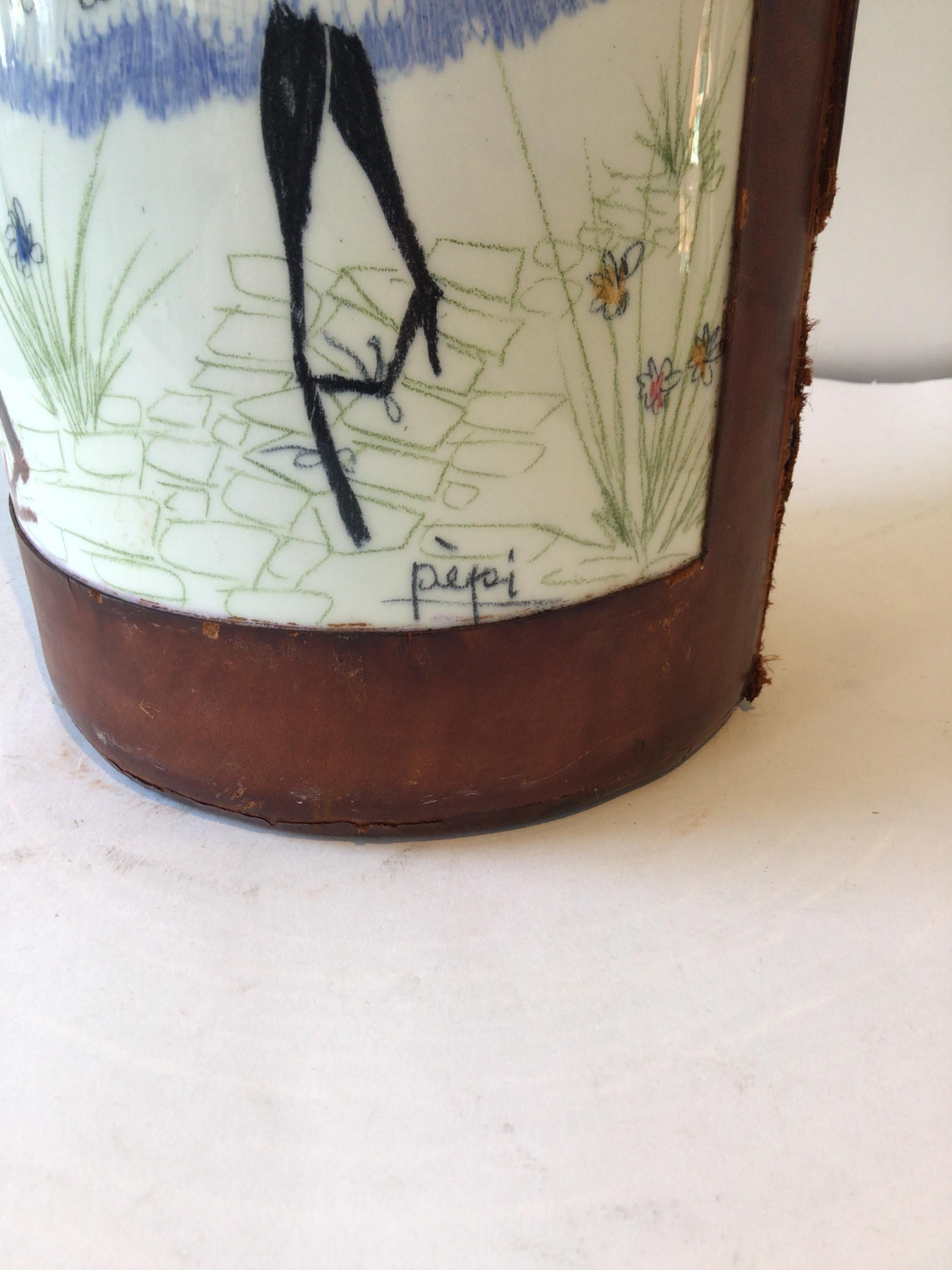 Mid-20th Century 1960s Quadrifoglio Italian Leather / Ceramic Hand Painted Vase /  Umbrella Stand For Sale