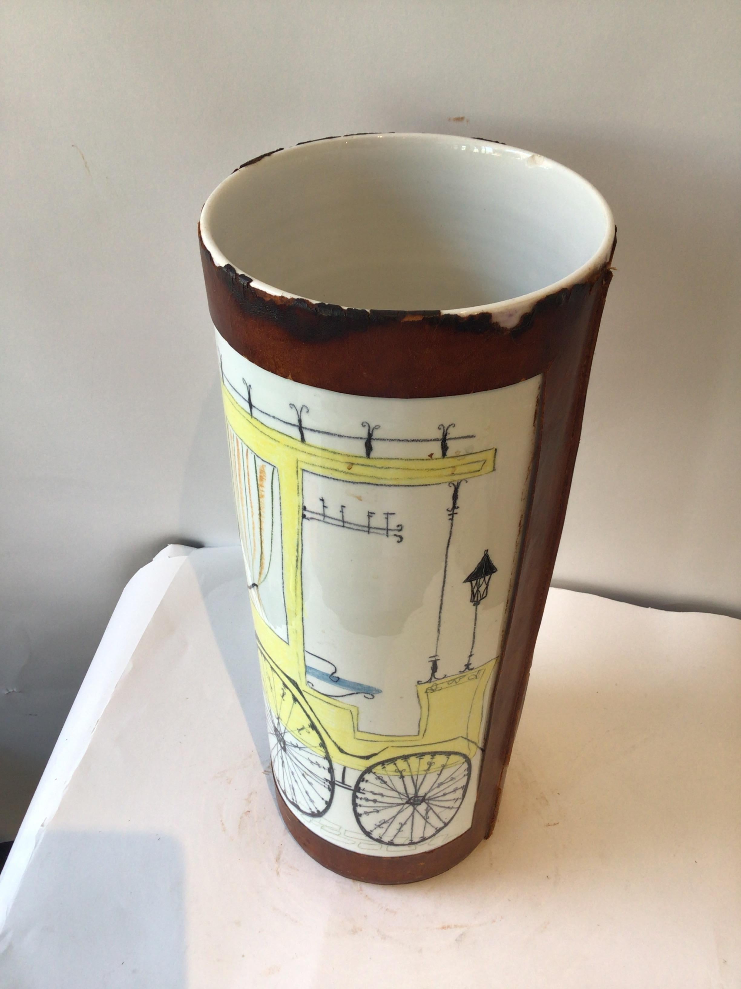 1960s Quadrifoglio Italian Leather / Ceramic Hand Painted Vase /  Umbrella Stand For Sale 4