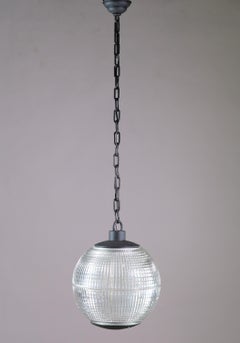 1960s French Holophane Pendant Street Light Reeded Glass Rewired for US