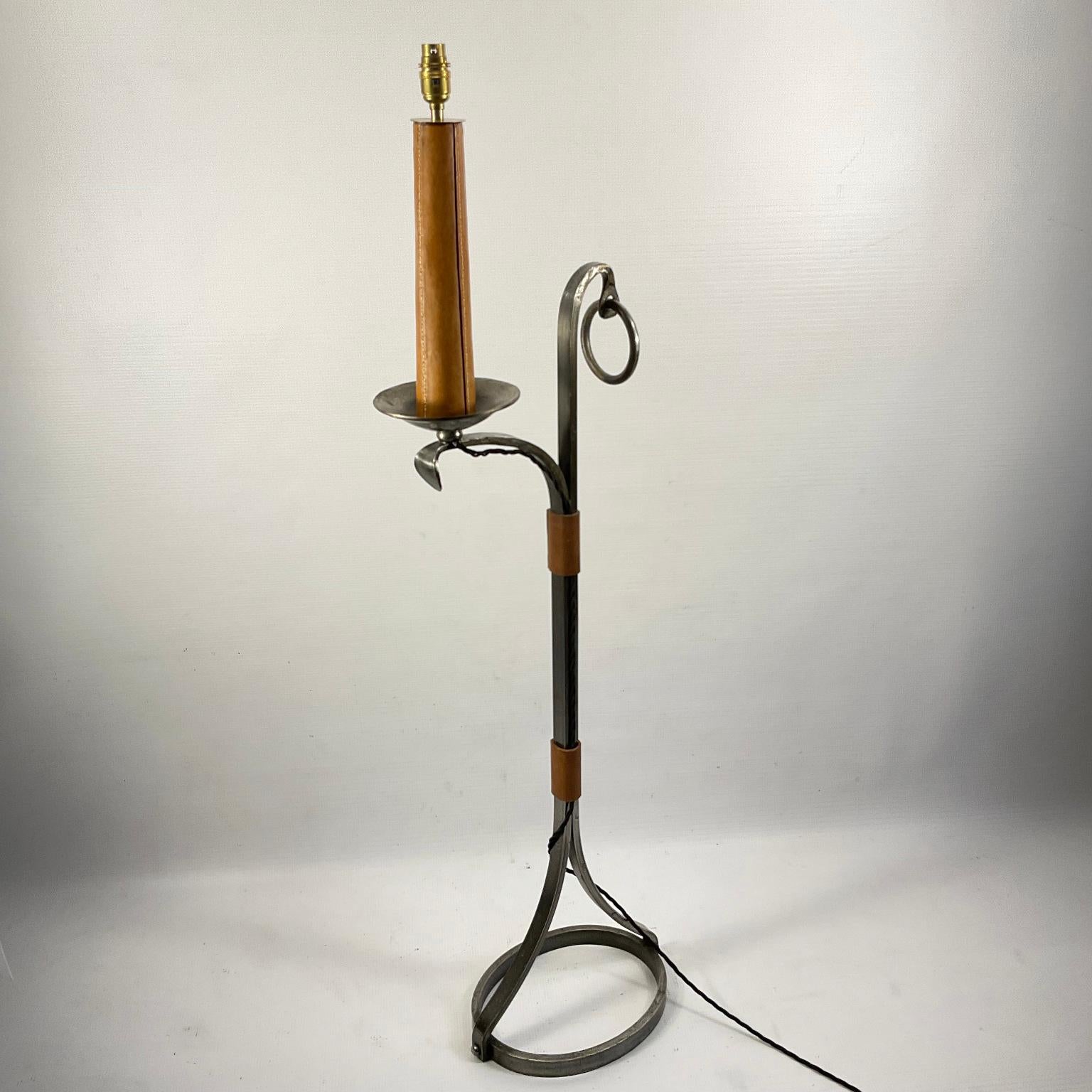 Leather 1960s Brutalist Iron Floor Lamp by Jean Pierre Ryckaert for Le Dauphin For Sale