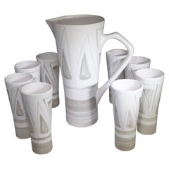 1960s French Ivory & Grey Pitcher with Eight Glasses