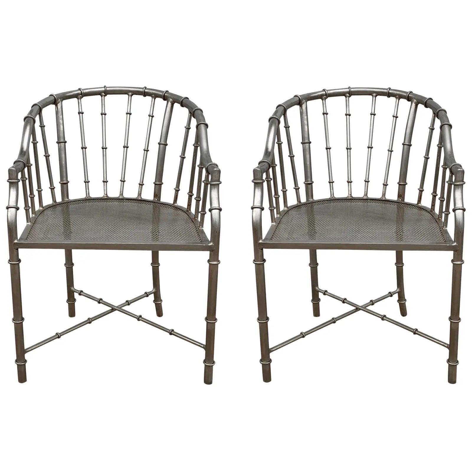 1960s French Jacques Adnet Style Faux Bamboo Steel Chairs, Pair