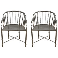 1960s French Jacques Adnet Style Faux Bamboo Steel Chairs, Pair