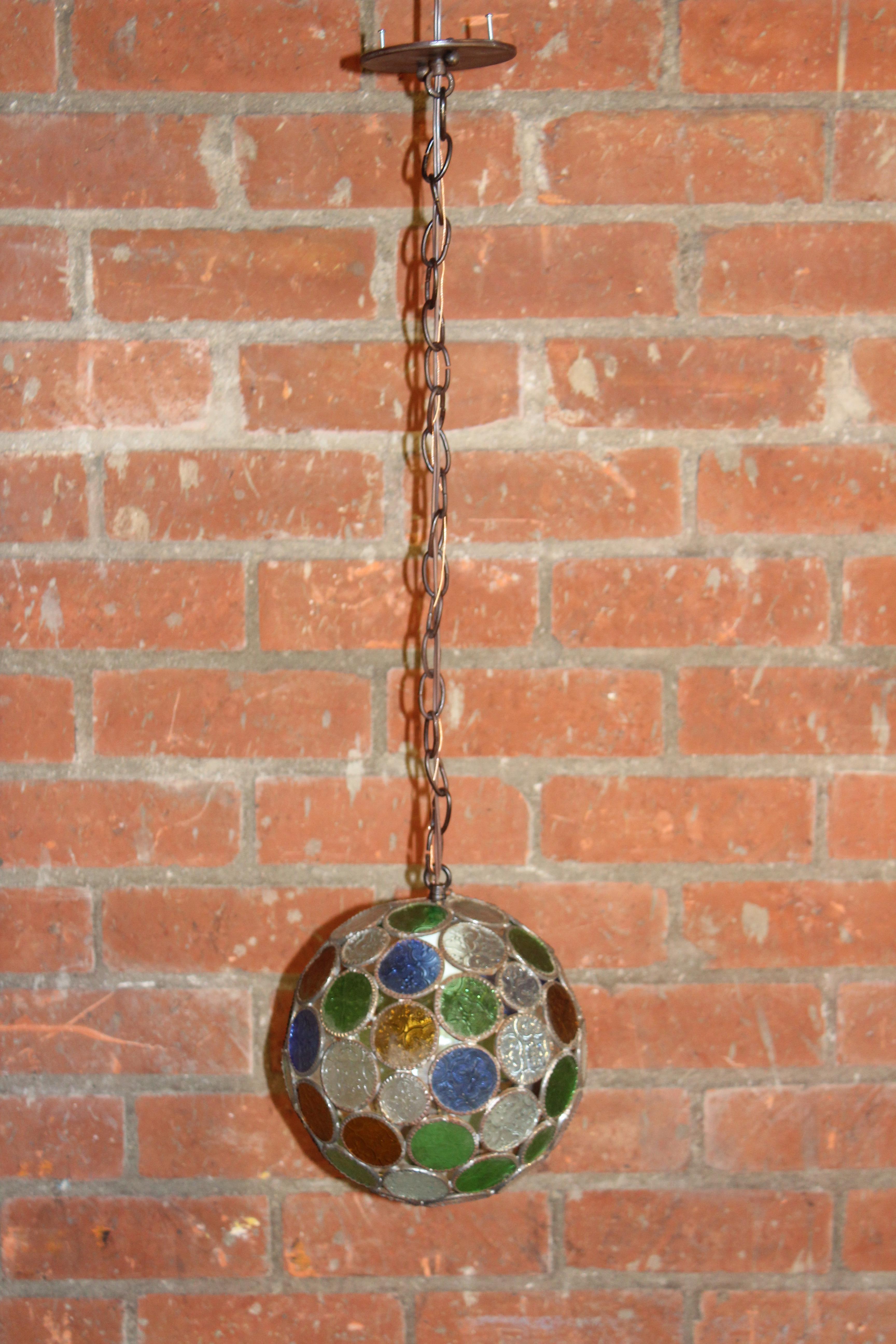 A vintage 1960s leaded stained glass pendant light. Newly rewired for U.S standards.