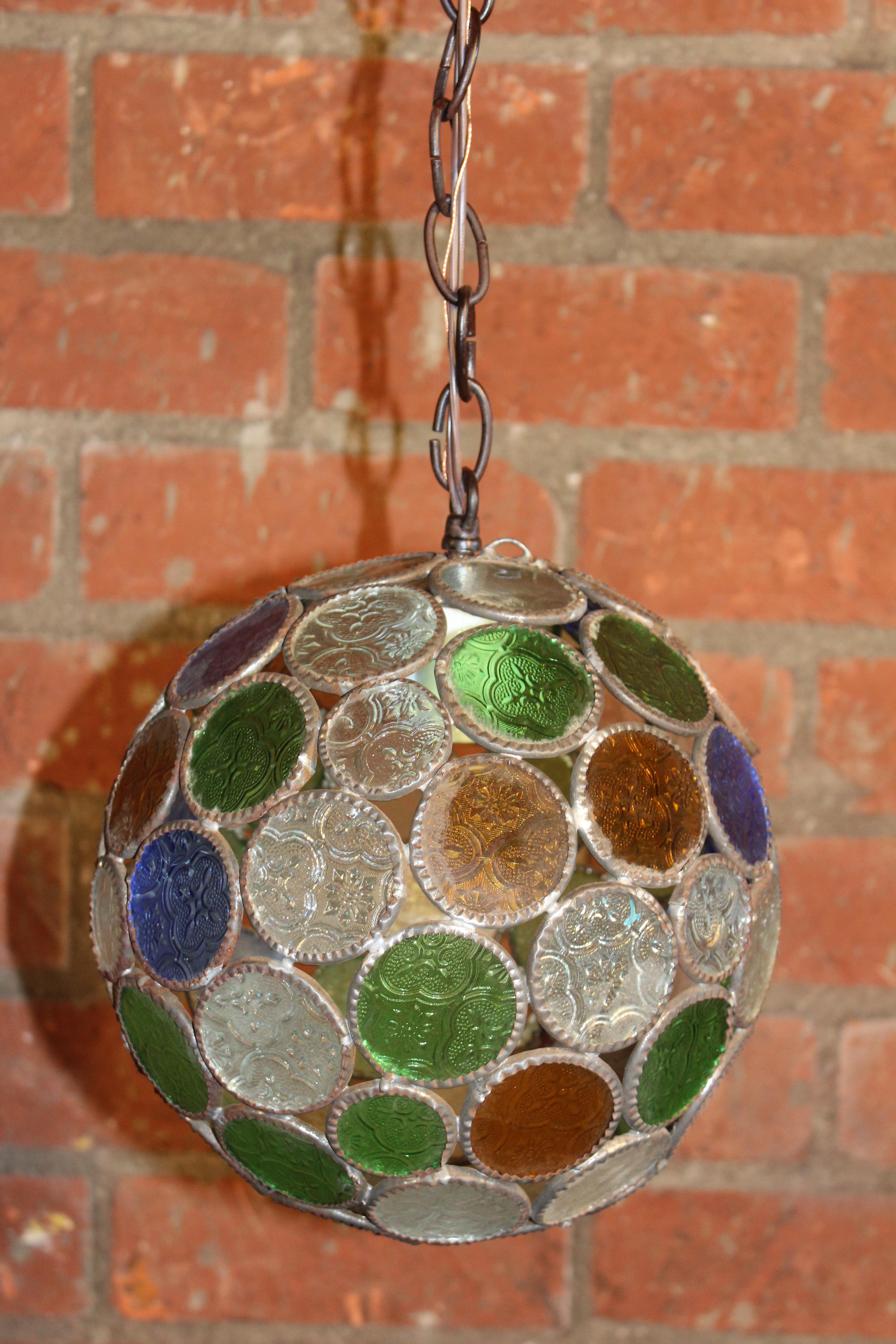 Mid-20th Century 1960s French Leaded Stained-Glass Pendant Light