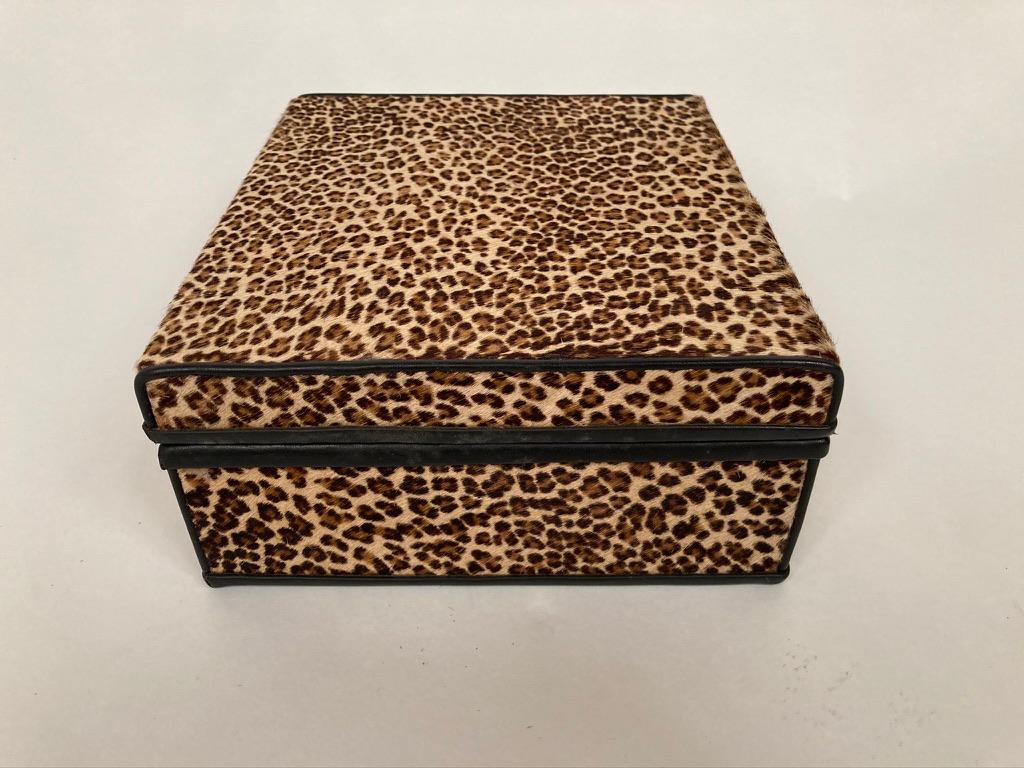 Mid-Century Modern 1960s French Leopard Box with Lizard Skin Interior and Black Leather Trim