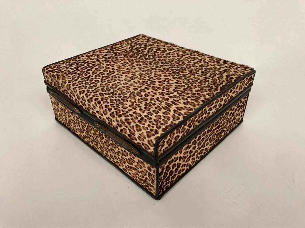 1960s French Leopard Box with Lizard Skin Interior and Black Leather Trim In Good Condition In Stamford, CT