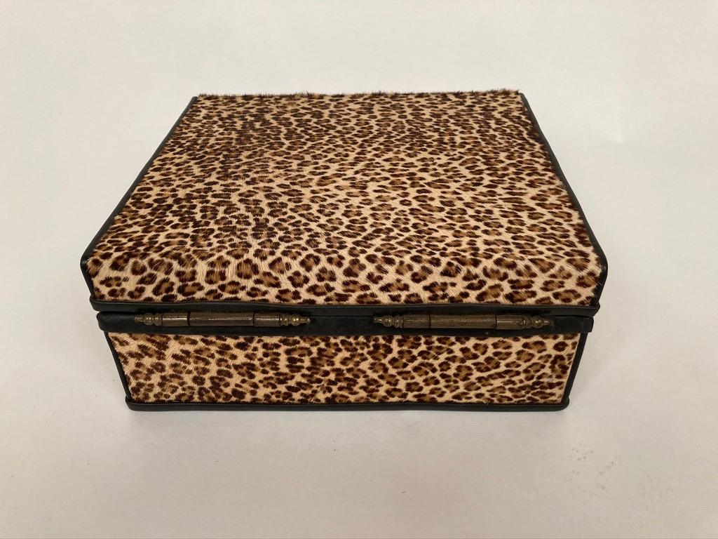 20th Century 1960s French Leopard Box with Lizard Skin Interior and Black Leather Trim