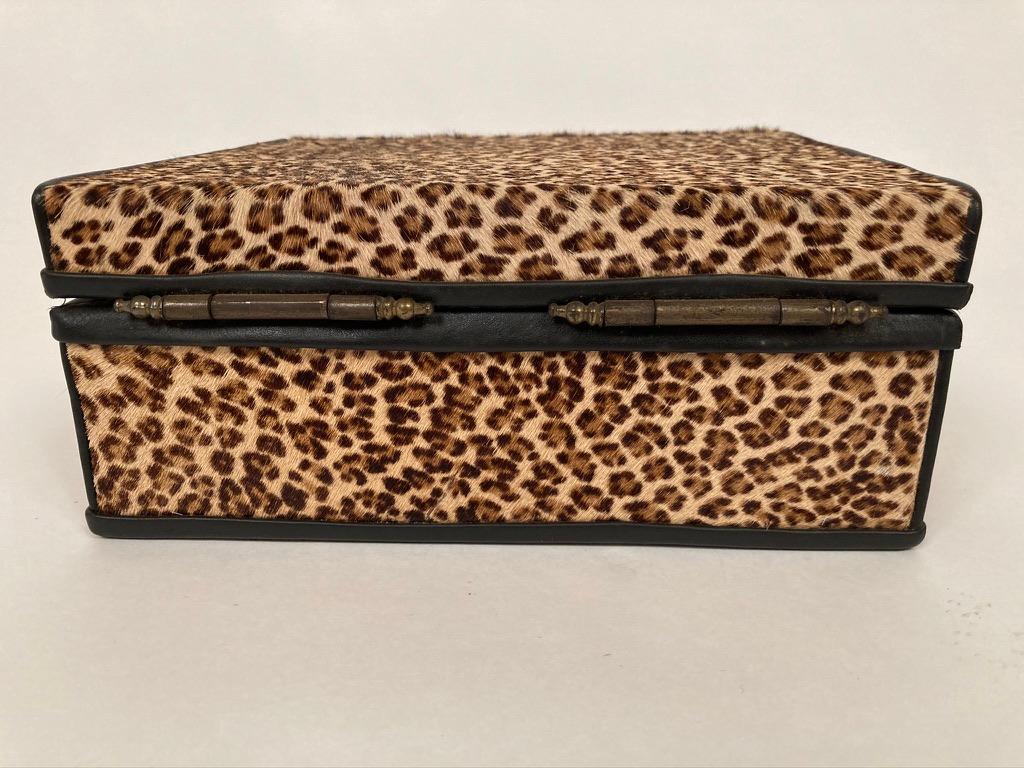 Fur 1960s French Leopard Box with Lizard Skin Interior and Black Leather Trim