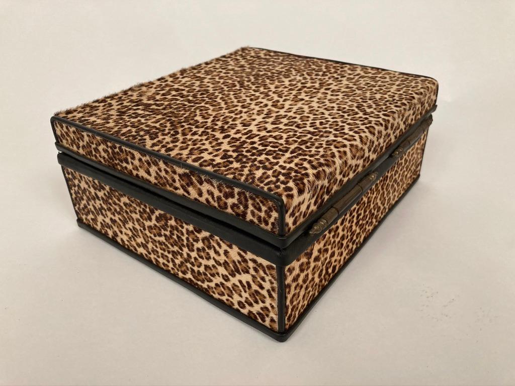 1960s French Leopard Box with Lizard Skin Interior and Black Leather Trim 1