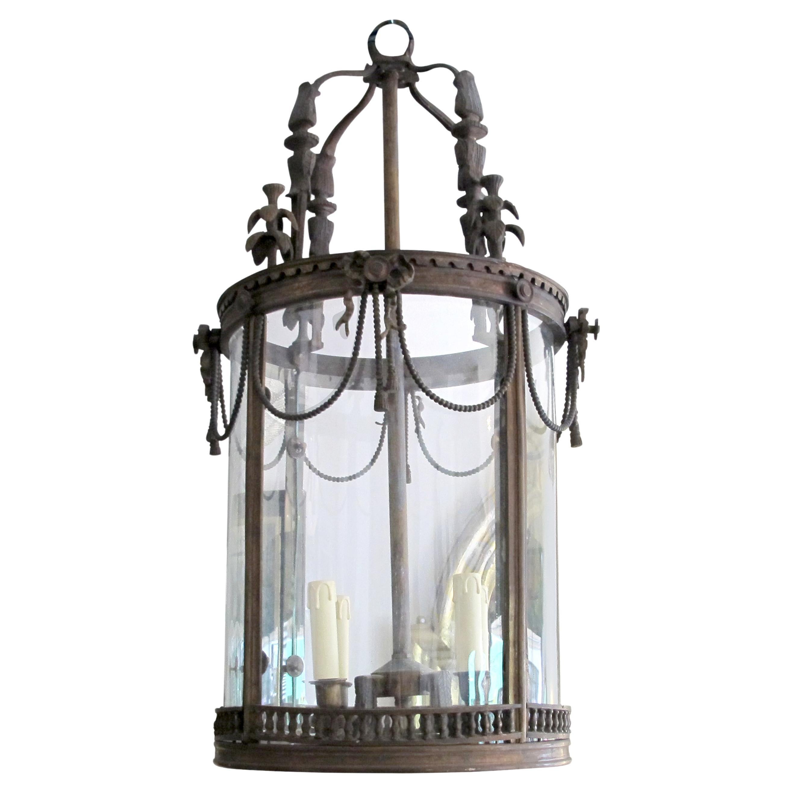1960s French Louis XVI Style Bronze Lantern with Curved Glass  For Sale