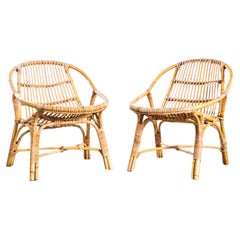 1960's French Low Seat Rattan Armchairs - Pair