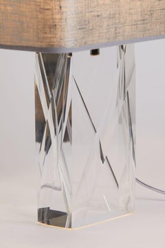 1960s French Lucite Crystal Design Table Lamp with Bespoke Linen Shade in Silve