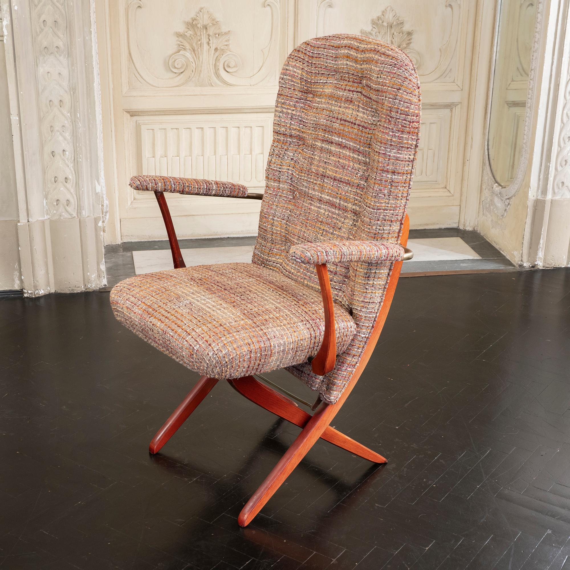 1960s French Mahogany Reclining Armchairs, Bouclè Chanel Fabric, Brass Details 6