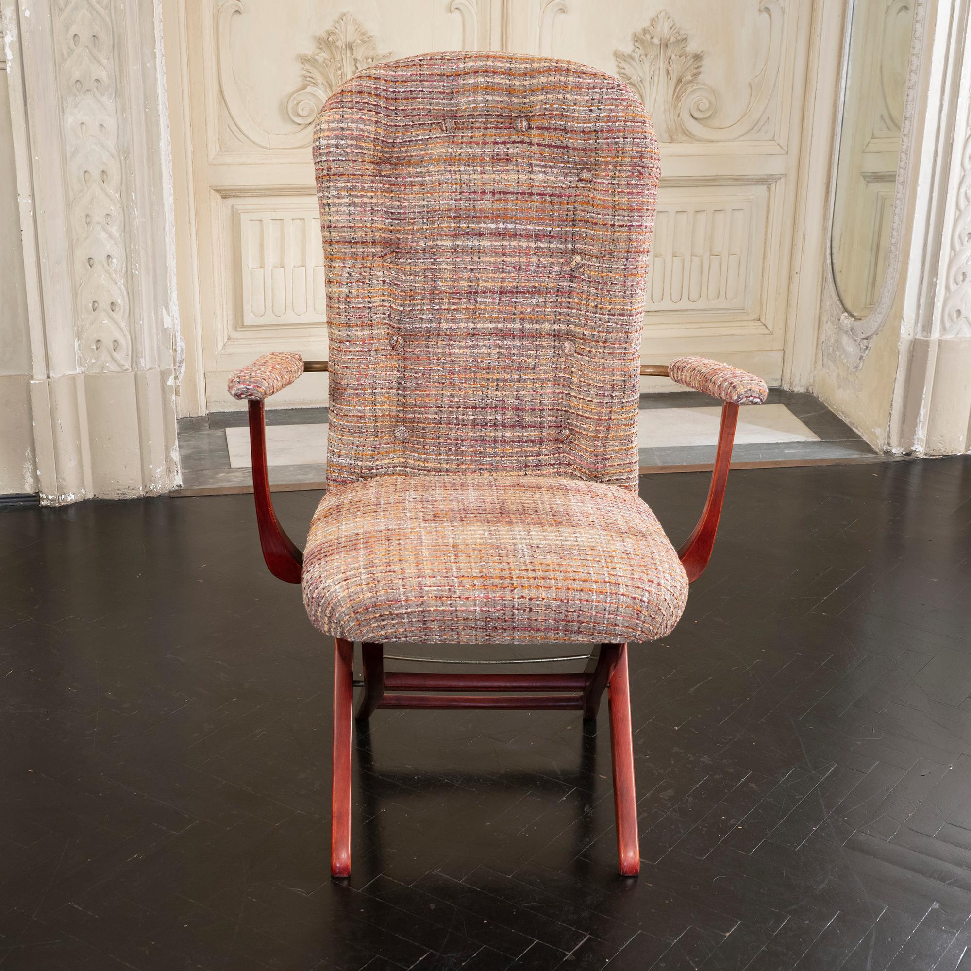 1960s French Mahogany Reclining Armchairs, Bouclè Chanel Fabric, Brass Details 8