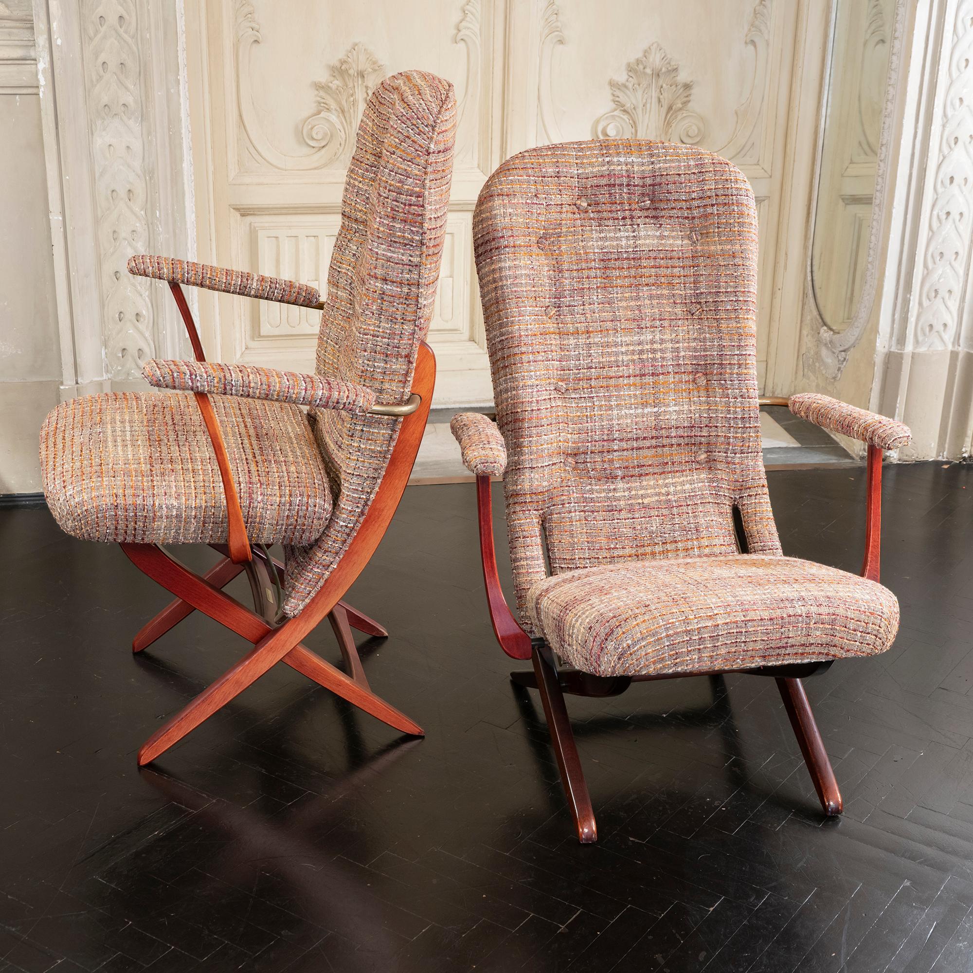 Mid-Century Modern 1960s French Mahogany Reclining Armchairs, Bouclè Chanel Fabric, Brass Details
