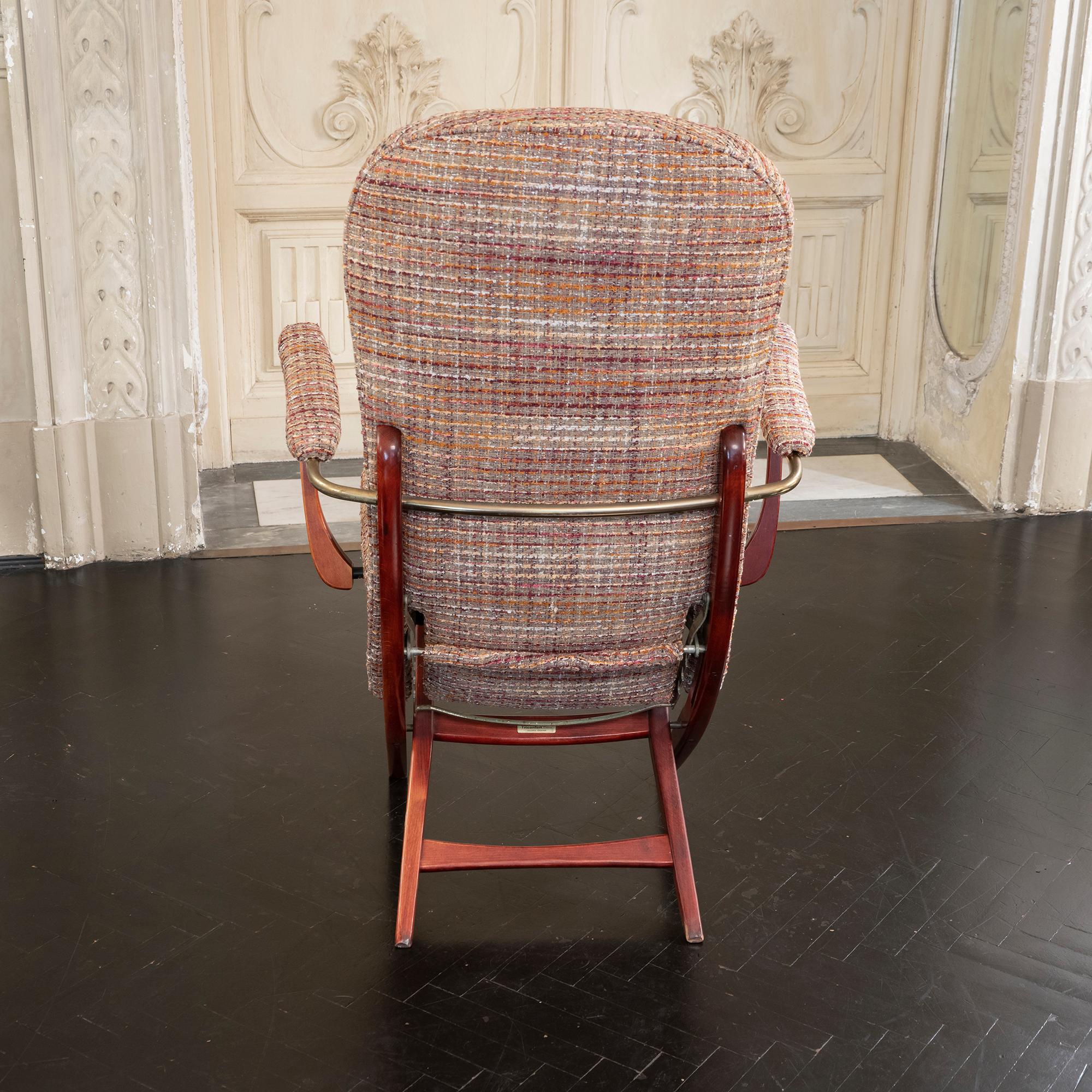 Mid-20th Century 1960s French Mahogany Reclining Armchairs, Bouclè Chanel Fabric, Brass Details