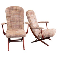 1960s French Mahogany Reclining Armchairs, Bouclè Chanel Fabric, Brass Details