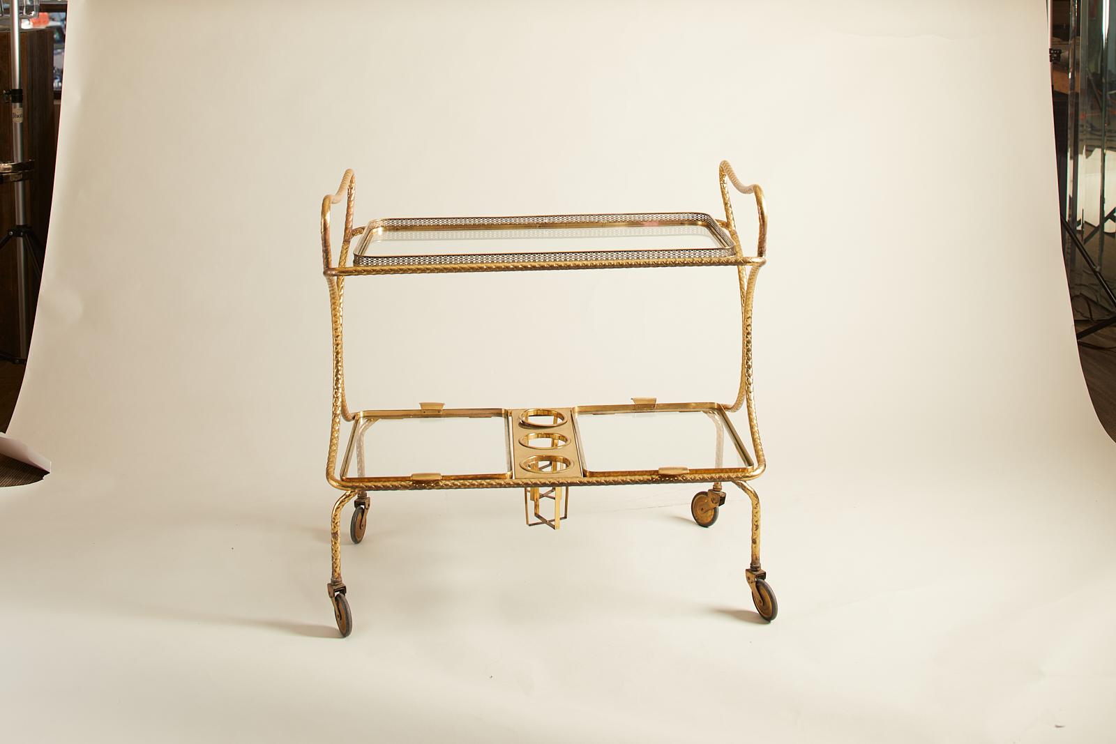 1960s French Maison Jansen bar cart in brass with wine caddy.